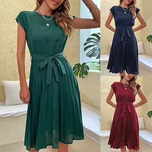 Vestido feminino, vestido de verão elegante, cor sólida, manga curta, cintura alta, cinto, linha, casual, plissado