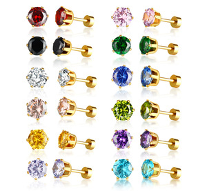 Multi Colors 18K Gold Plated Cubic Zircon Studs Earrings <strong>Stainless</strong> <strong>Steel</strong> <strong>Jewelry</strong> for Women - Product Image 1