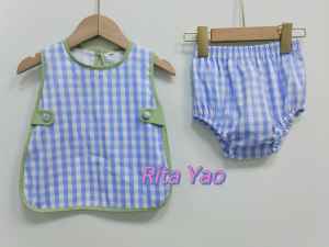 Ensemble de culotte à nœud latéral pour bébé fille, motif gingham <span class=keywords><strong>bleu</strong></span> tissé, tenue d'été sans manches pour petite fille, ensemble de couches brodé avec tablier - Product Image 3