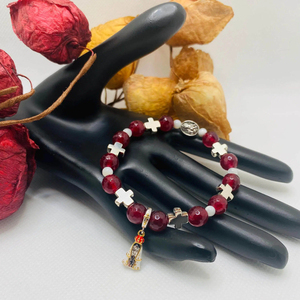 Bracelet extensible de prière en cornaline rouge de 8 mm avec pendentif croix de <span class=keywords><strong>Marie</strong></span> de Nazareth, cadeau de bijoux catholiques - Product Image 2