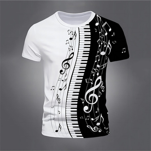 T-shirt da uomo vintage con stampa 3D di note musicali e pianoforte, manica corta - 100% poliestere ecologico, traspirante, taglie forti, moda estiva - Product Image 3
