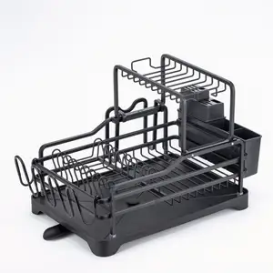 Never Rust Sink Dish Drying Rack With Utensil Holder,Removable Plastic Drainer Tray With Adjustable Swivel Spout