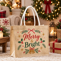 Sac fourre-tout en jute de Noël imprimé « Joyeux et Lumineux » avec poignées en corde blanche pour emballage de cadeaux de fêtes