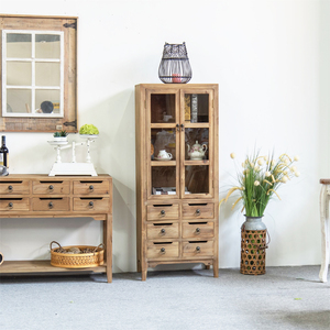 Rustic Farmhouse Accent Cabinet Furniture Recycled <b>Pine</b> Wood <b>Cupboard</b> Bookcase Cabinet with Glass Door and 6 Drawers - Product Image 2