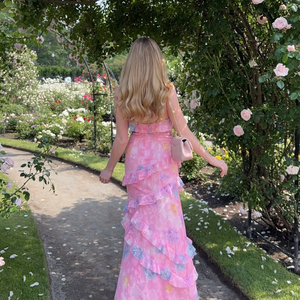 فاخر أنيق نسائي وردي بألوان مائية مطبوع السباغيتي بحمالات مكشكشة مكشكشة فستان سهرة للحفلات من الدانتيل بطول الأرضية طبيعي - Product Image 3