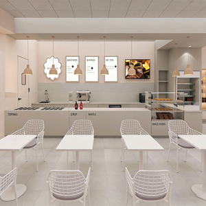 Airy Luxe Bakery & Coffee Market Stall Featuring Glass Display Case, Open Tiered Shelving, and Integrated Warm Lighting - Product Image 4