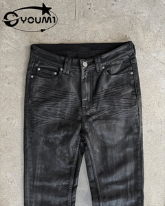 YOUMI <span class=keywords><strong>Pantaloni</strong></span> da <span class=keywords><strong>Uomo</strong></span> in Denim Personalizzati ODM, <span class=keywords><strong>Slim</strong></span> Fit Skinny a Vita Bassa, Effetto Consumato, Orlo Grezzo, Lavaggio Vintage, Stile Bootcut Streetwear, Finitura Cerata, Modello Svasato - Product Image 3