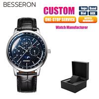 Montre mécanique automatique de luxe pour hommes d'affaires, cadran en cristal saphir, aiguilles lumineuses, bracelet en cuir noir en acier inoxydable, étanche