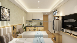 Ensembles de meubles commerciaux pour chambre double : cadre de lit en bois avec tables de chevet, armoire, meuble TV et cuisine pour hôtel 3 étoiles (chambre complète) - Product Image 6