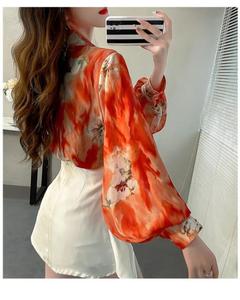 Nuova <span class=keywords><strong>Camicetta</strong></span> in Chiffon con Stampa Floreale <span class=keywords><strong>Arancione</strong></span>, Camicie da Donna con Maniche a Lanterna, Top Ampio Protettivo dal Sole, Blusa Femme 6959 # - Product Image 3