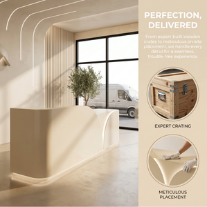 Arc Shape LED Strip Reception <b>Desk</b> Custom Cream Color Front Counter for Beauty Spa Clinic - Product Image 3