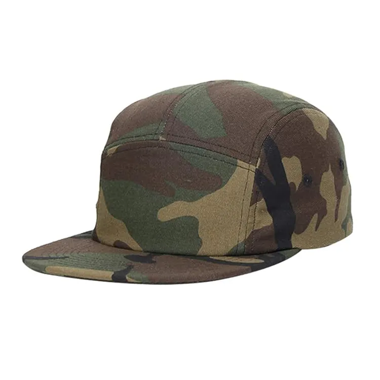 Gorra de campamento personalizada Patrón de camuflaje Gorra de campamento de 5 paneles de ala plana de algodón de alta calidad