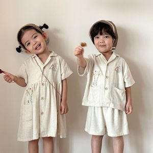 Set Camicia Estiva in Viscosa e Lino per Bambini, Nuovi Vestiti per Ragazzi, Abito a Maniche Corte Stile Coreano per Bambine, Coordinato Fratello-Sorella - Product Image 1