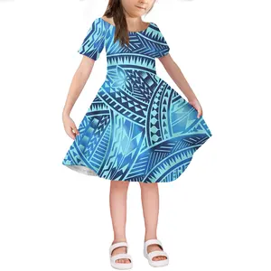 Robe au design tribal polynéen pour filles, de haute qualité, impression bleue clair, sur mesure, robe de princesse sur commande,