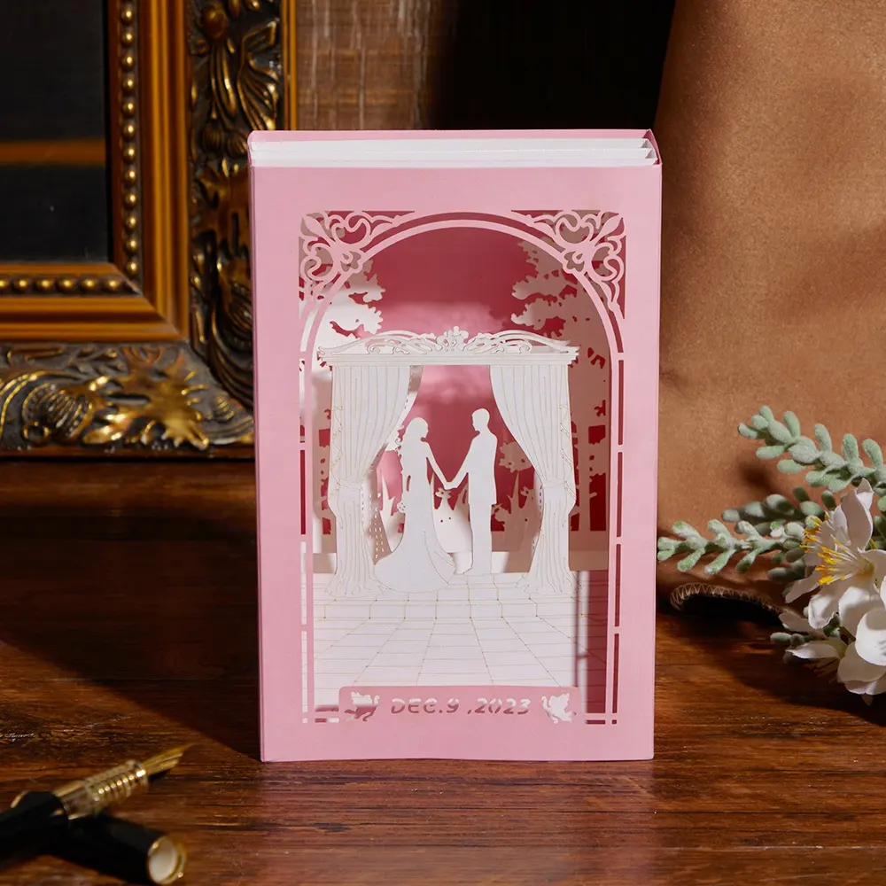 Hot Laser Cut 3D Pop-up Parejas Tarjeta de invitación de ducha con puente de arco de flores, Quinceañeras personalizadas/Invitación de boda personalizada