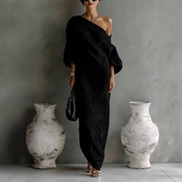 Robe Femme Color Block à Manches Longues, Col en V et Volants, Style Streetwear Printemps-Été, Taille Élastique, Tricotée