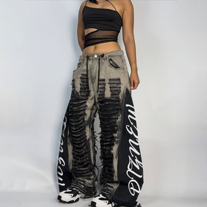 DiZNEW 2025, fabricante de hombres, <span class=keywords><strong>pantalones</strong></span> vaqueros, corte de retazos, pierna ancha, efecto rasgado, ropa de calle, estilo Hip-Hop, MOQ bajo, muestra rápida - Product Image 1