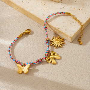 Fashion Charm Bracelet Colorful Woven Rope Gold Plated Butterfly Bow Sun Pendant Women's Jewelry Gift - Product Image 3