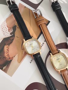 Reloj cuadrado dorado para mujer, esfera blanca, correa de cuero, elegante reloj de pulsera de cuarzo - Product Image 1