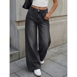 Jeans à jambes larges pour femmes, taille haute, pantalon en denim ample, coton doux, style décontracté, design plissé, coupe confortable - Product Image 2