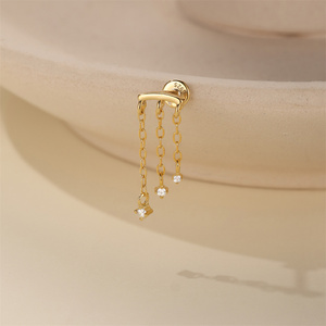 Pendientes de Plata de Ley 925 con Borla Plana y Cadena, Zirconia Cúbica, Diseño Geométrico Clásico, Joyería Colgante para Cartílago - Product Image 2