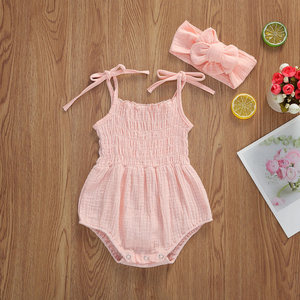 Mùa Hè Sơ Sinh Bé Gái Quần Áo Rắn Không Tay <span class=keywords><strong>Backless</strong></span> Headband 2 Cái Trang Phục Sunsuit Muslin Cotton Romper Jumpsuit - Product Image 2