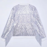 Blouson Bomber Argenté à Paillettes Entières et Franges pour Filles, Col en V, Manches Longues, Idéal pour Spectacles de Danse et Fêtes Hivernales