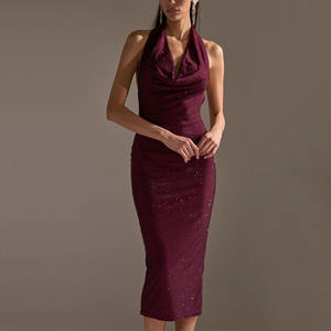 Robes de soirée mi-longues moulantes en satin personnalisées, <span class=keywords><strong>décolleté</strong></span> <span class=keywords><strong>plongeant</strong></span> drapé, taille empire, dos nu, corsage orné de strass - Product Image 1