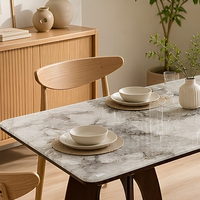 Table à manger en verre de luxe moderne, motif marbre imprimé en 3D, pieds en bois massif courbés, structure en métal, rectangulaire, pour la maison et l'hôtel