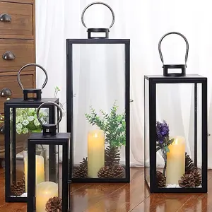 Black Metal Decorative Home Decor Glass Lantern Candle Holders for home decoration