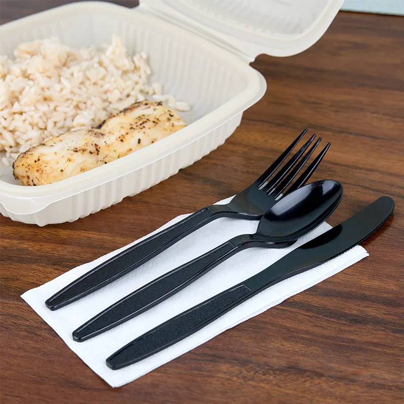 थोक Flatware और चांदी के बर्तन प्लास्टिक चाकू कांटा चम्मच डिस्पोजेबल काले कटलरी सेट