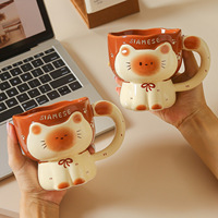 Mug à café en céramique 3D motif chaton mignon et créatif, 450 ml, marron et blanc, compatible lave-vaisselle et micro-ondes, avec boîte cadeau