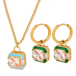 Fashion Ensembles De Bijoux Stainless Steel 18 K Gold Plate Zirconia Huggie Hoop Earring Pendant Necklace Jewelry Set For Woman