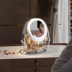 กระจกแต่งหน้า LED รูปไข่พร้อมกล่องเก็บเครื่องสำอางเดสก์ท็อปกันฝุ่นความจุขนาดใหญ่สำหรับอายแชโดว์ลิปสติกบำรุงผิว - Product Image 1