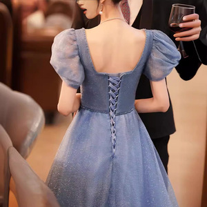 Elegant Blue Evening Gown Sweetheart Neckline Puff Sleeve Formal Dress for Art Exam Host Annual Meeting - Product Image 4