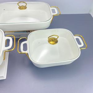 Hot Bán Gốm Nướng Bộ Đồ Ăn Kích Thước Trung Bình Bộ Đồ Ăn Nướng Khay Pan Màu Trắng Với Kính Nắp Và Vàng Đứng - Product Image 4