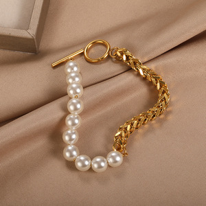 Classic Style 18K <strong>Gold</strong> Plated Stainless Steel <strong>Bracelet</strong> with Cuban Chain OT Buckle Non-Tarnish <strong>Pearl</strong> <strong>Bracelets</strong> for Women Girls - Product Image 5