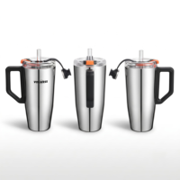 Gourde isotherme classique en acier inoxydable 304, 30 oz, argent brillant 18/10, avec poignée et paille
