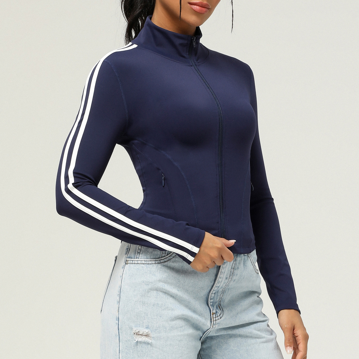 Women's Contrast Color Zipper Pocket Sports Yoga Jacket Autumn Winter Tops Long Sleeve Slim Fit Breathable Stand Collar Design