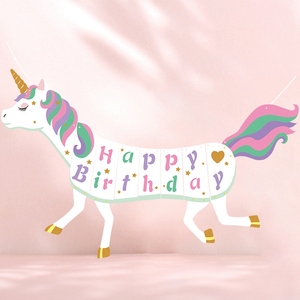Nueva cute unicorn paper flag pennant children baby shower gift supplies <span class=keywords><strong>happy</strong></span> birthday celebration decoration Banner - Product Image 3