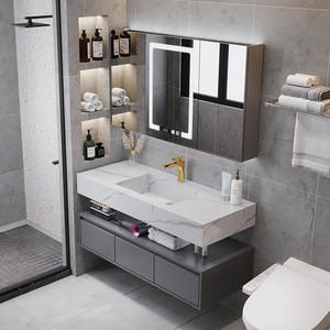 Floating Sink <b>Vanity</b> with Seamless Sintered Stone Basin Rubber Wood Bathroom Cabinet Minimalist Style - Product Image 5