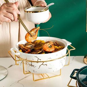 Olla de Sopa de Mármol Estilo Nórdico con Detalles Dorados, Olla Redonda Ovalada Rectangular para Fiestas, Vajilla con Bandeja para Velas - Product Image 2