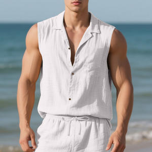 Chemise sans manches en lin pour homme, coupe ample et décontractée, idéale pour la plage, en tissu fin de lin, blanche, pour l'été, modèle transfrontalier - Product Image 2