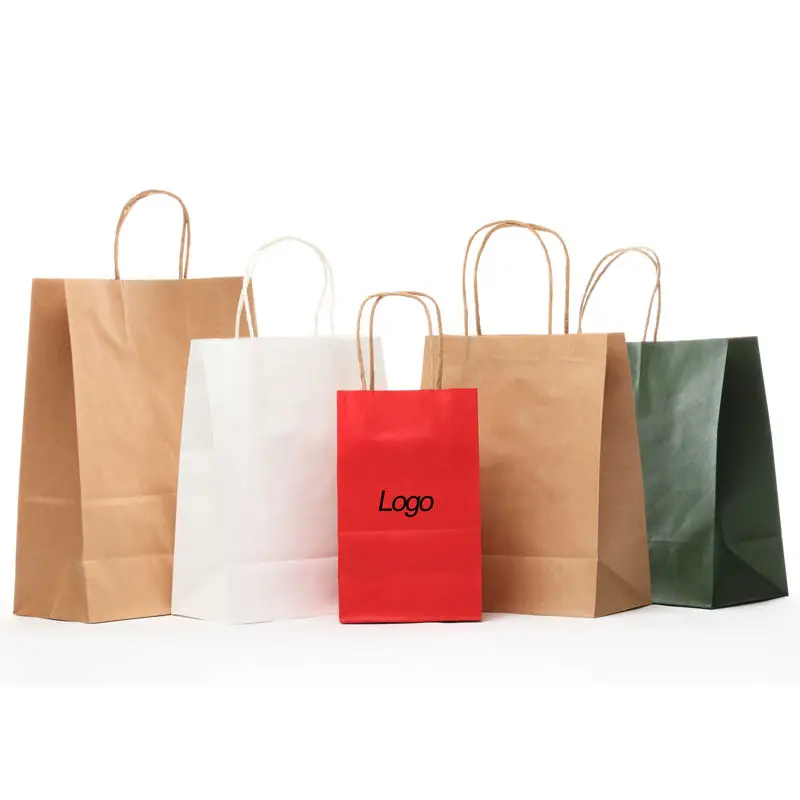 Özel Logo baskı kahverengi beyaz Kraft kağıt ambalaj üst kolu çanta, yeniden kullanılabilir Kraft kağıt saplı çanta