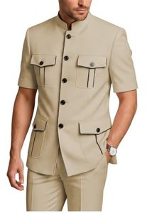<span class=keywords><strong>Costume</strong></span> safari pour <span class=keywords><strong>homme</strong></span>, kaki, manches courtes, 2 pièces, col mandarin, bordure noire, poches cargo, blazer décontracté d'été pour <span class=keywords><strong>mariage</strong></span> - Product Image 6