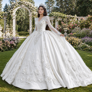 Lscm99 Ball Gown <b>Wedding</b> Dress Beaded Lace Illusion Neck Satin Bridal Gown Corset Back Sparkly Tulle Skirt Jancember - Product Image 1