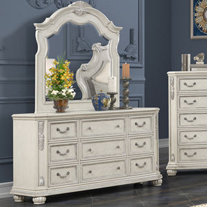 Lit capitonné avec sculptures ornées, lit de style provincial français, mobilier de chambre à coucher de luxe gris clair - Product Image 3