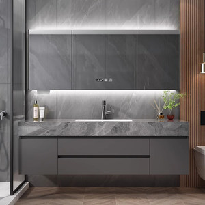 Mueble de baño moderno minimalista personalizado con lavabo de losa de roca, espejo con iluminación inteligente antivaho y montaje en pared. - Product Image 2