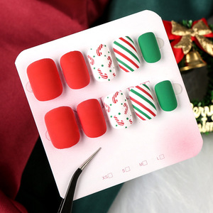 24 Uds <span class=keywords><strong>uñas</strong></span> postizas navideñas con lazo mariposa diamantes de imitación decorados prensa cuadrada corta en las <span class=keywords><strong>uñas</strong></span> DIY puntas de manicura falsas francesas - Product Image 5