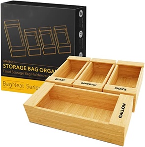 Ziplock Bag Storage Organizer for Kitchen Drawer Bamboo Baggie Organizers Holder Sandwich and Snack Variety Size Bags (4 Pack)